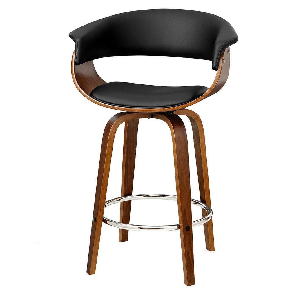 Angus counter stool with a curved black seat and walnut-colored frame